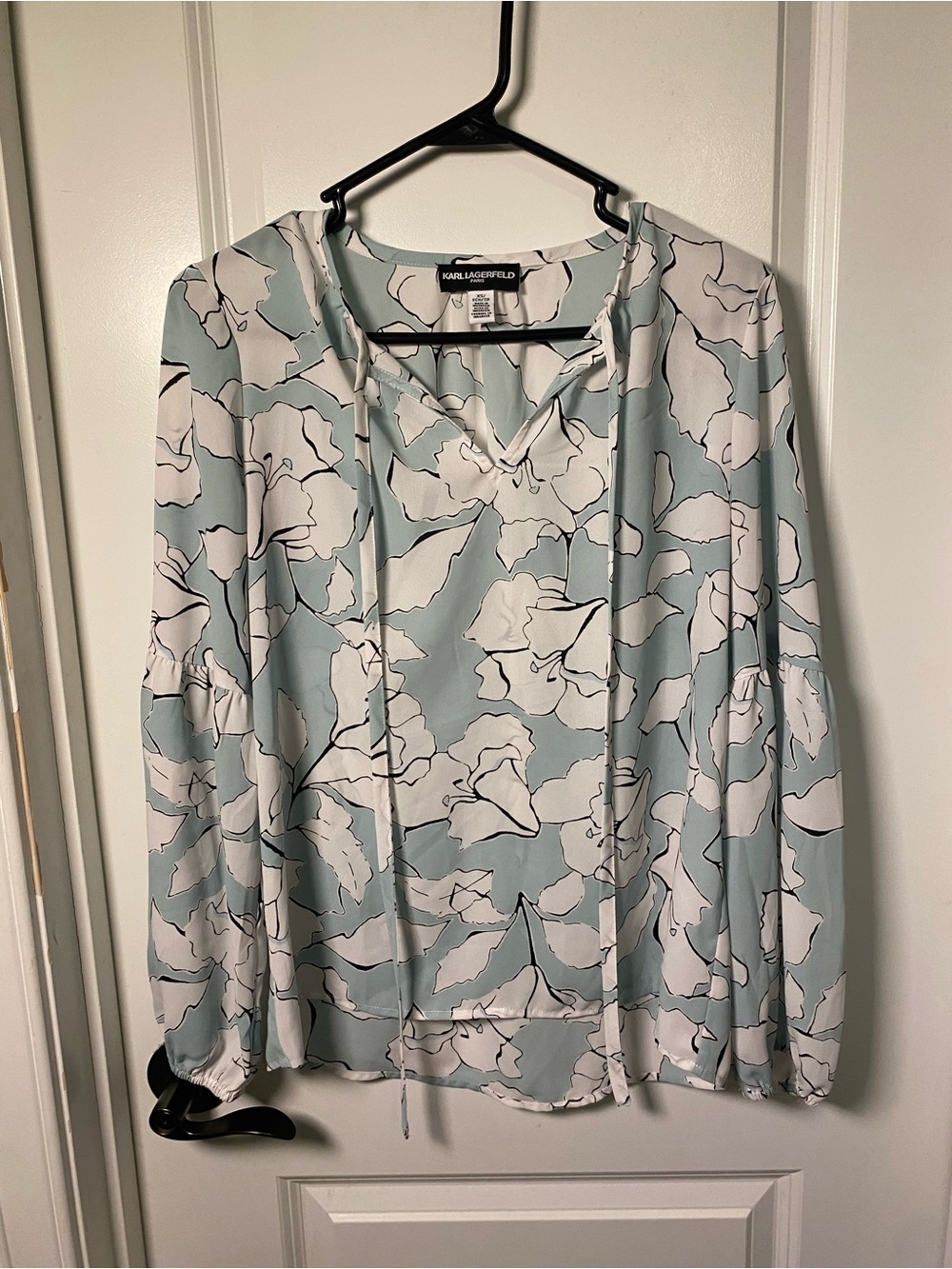 Karl Lagerfeld Paris Light Blue White Floral Tie-Neck Blouse